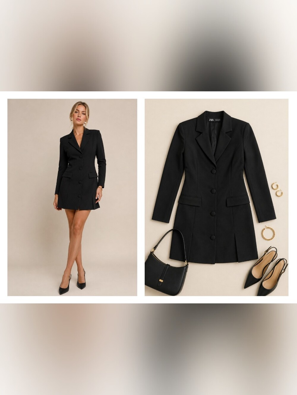 Zara Minimalist Black Tailored Blazer Dress with Buttons, Size M Slim  Fit